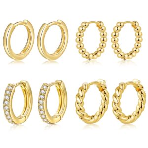 BMMYE Small Gold Huggie Hoop Earrings for Women 4 Pairs Cartilage Mini Gold Hoops Tiny Gold Earrings Set for Multiple Piercing Hypoallergenic 10mm