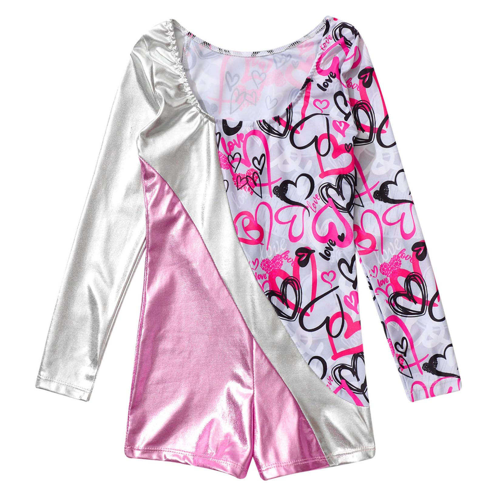 Hansber Metallic Biketard for Kids Girls Long Sleeve U Neck Shorty Leotard Gymnastics Tumebling Top Pink 12 Years