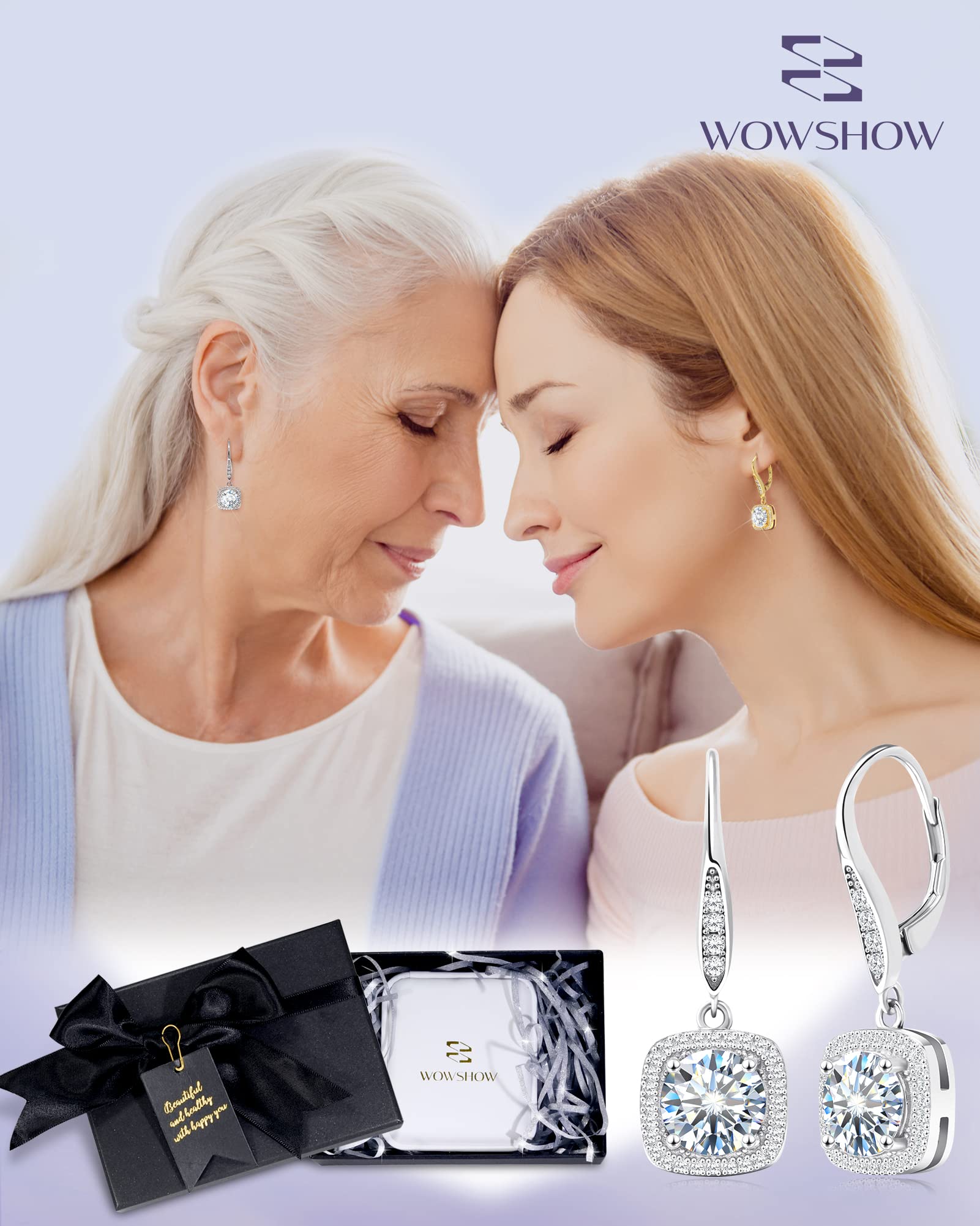 wowshow Moissanite Earrings, Leverback Earrings for Women 925 Sterling Silver 3ct Moissanite Diamond Dangle Drop Earrings Cushion Halo White Gold Plated for Women Birthday Wedding Mothers Day Gifts