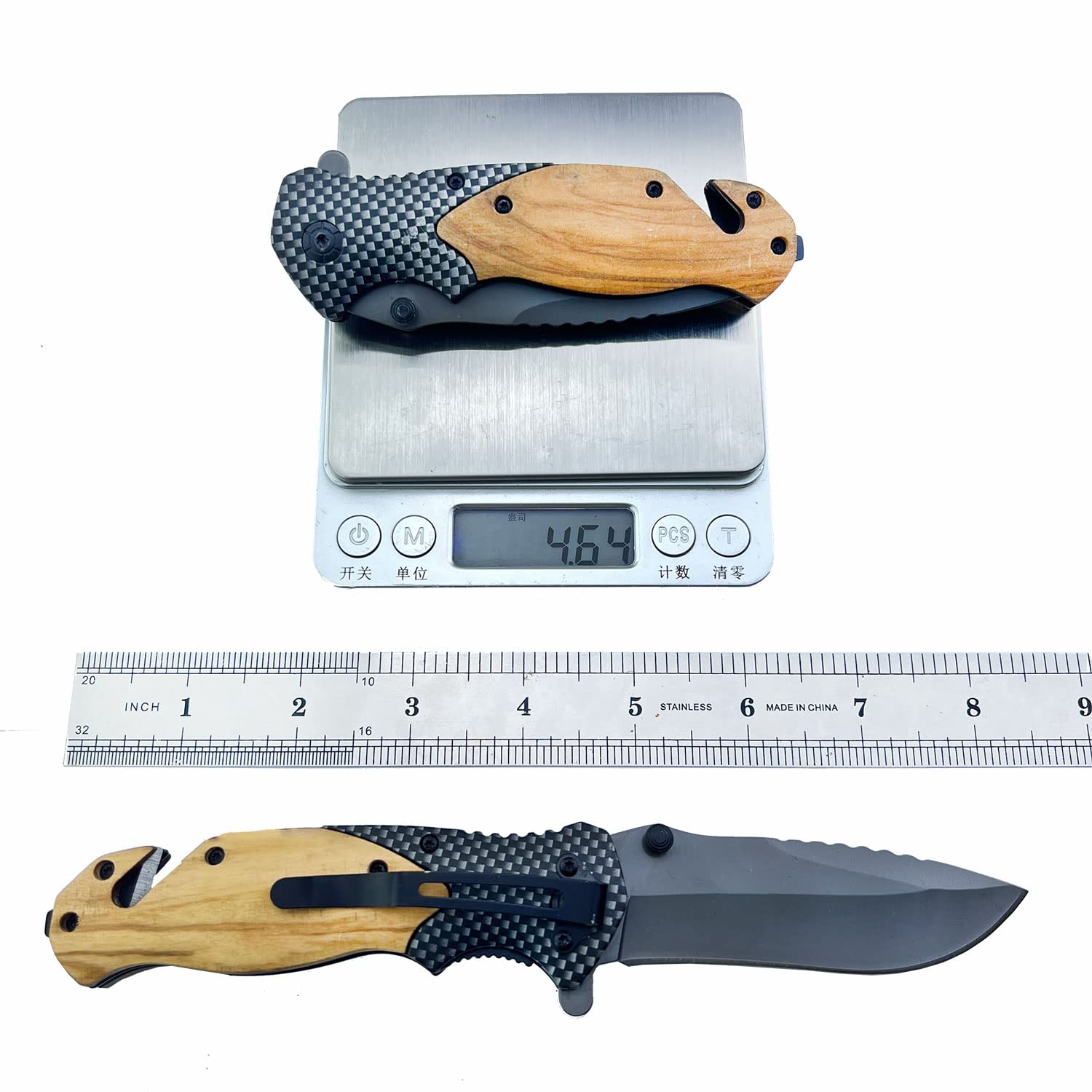 Labstandard Pocket Folding Knife with 3.4”Stainless Steel blade and wood handle-Folding hunting camping Knife with glass breaker,strap cutter,liner-lock and pocket clip