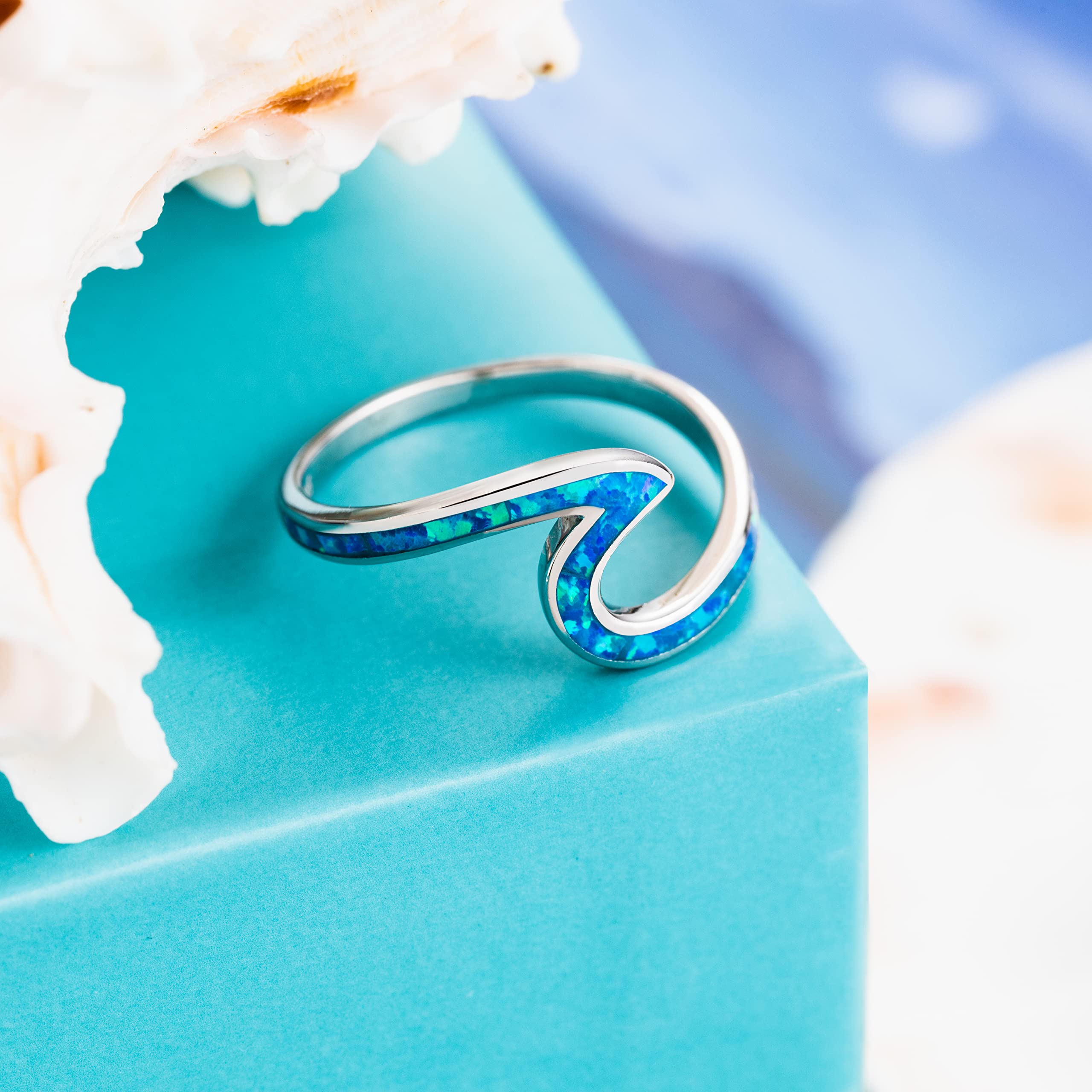 Aloha Jewelry Company 925 Sterling Silver Created Opal Ocean Beach Wave Ring Wedding Band Hawaii, Nickle Free and Hypoallergenic For Sensitive Skin, With Gift Box (Blue Opal, 4)