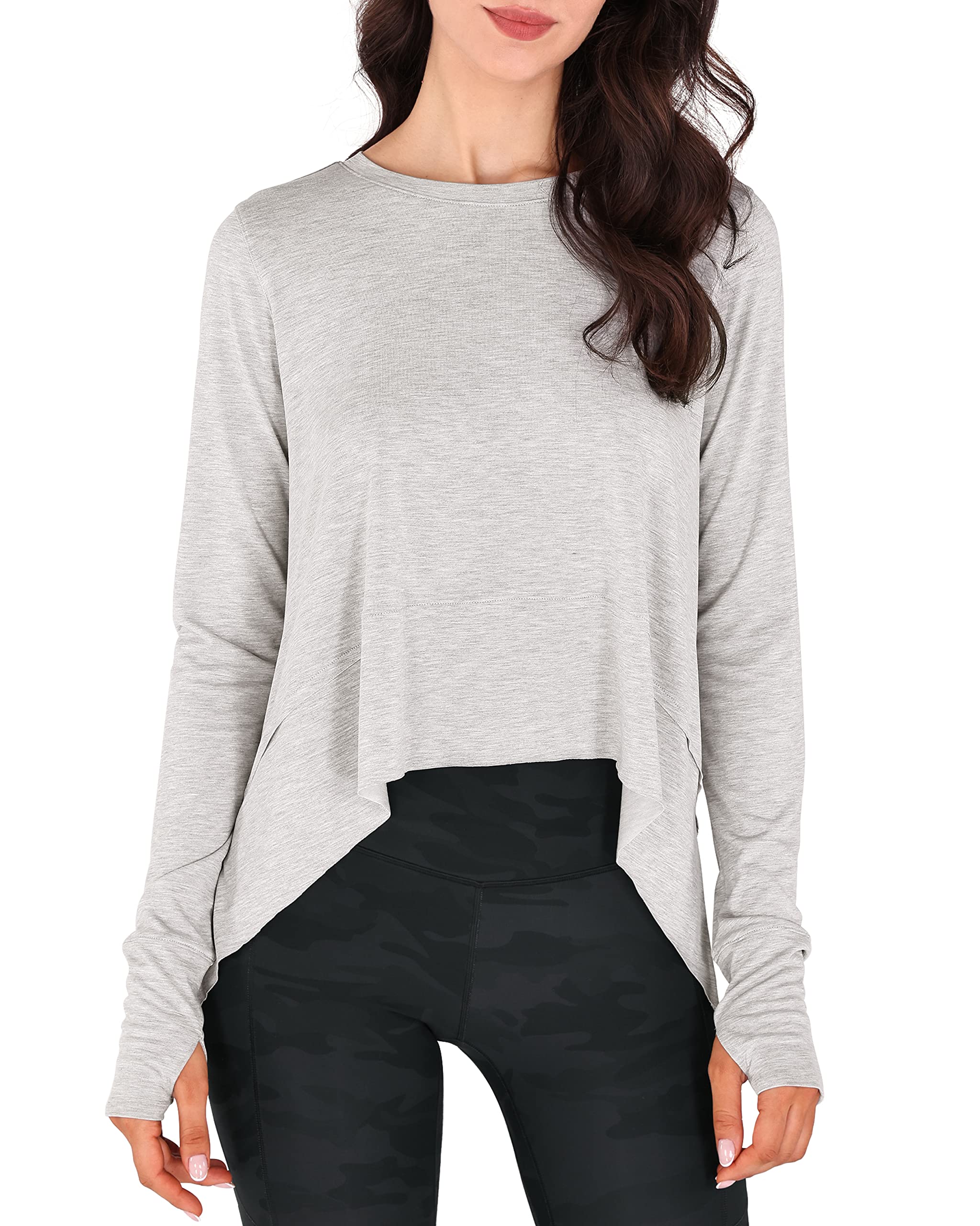 ODODOS Long Sleeve Tee for Women with Thumb Hole Athletic Gym Workout Crop Tops Yoga Shirts, Heather Grey, X-Large