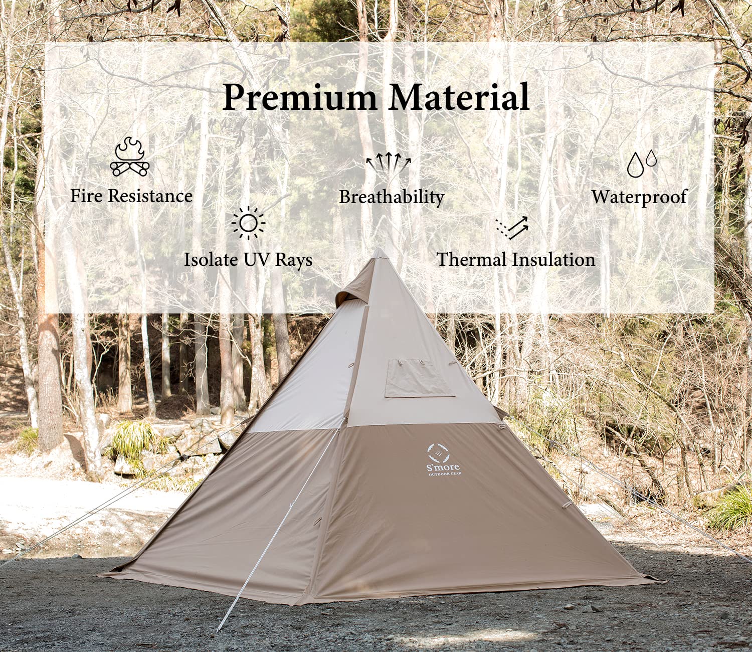 S'more Tetto 3 Person Canvas Tent, Large Waterproof & Windproof Glamping Tent, Hot Tent with Stove Jack, 4 Season Tipi, Teepee, Pyramid, Indian Tent, Ideal for Family Camping, Hiking, Backpacking