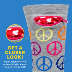 Pocket Socks Women Fashion Cotton Crew Socks, Hidden Zipper Security Pocket for Travel, ID, Ear Buds & More, One Size, Peace Sign