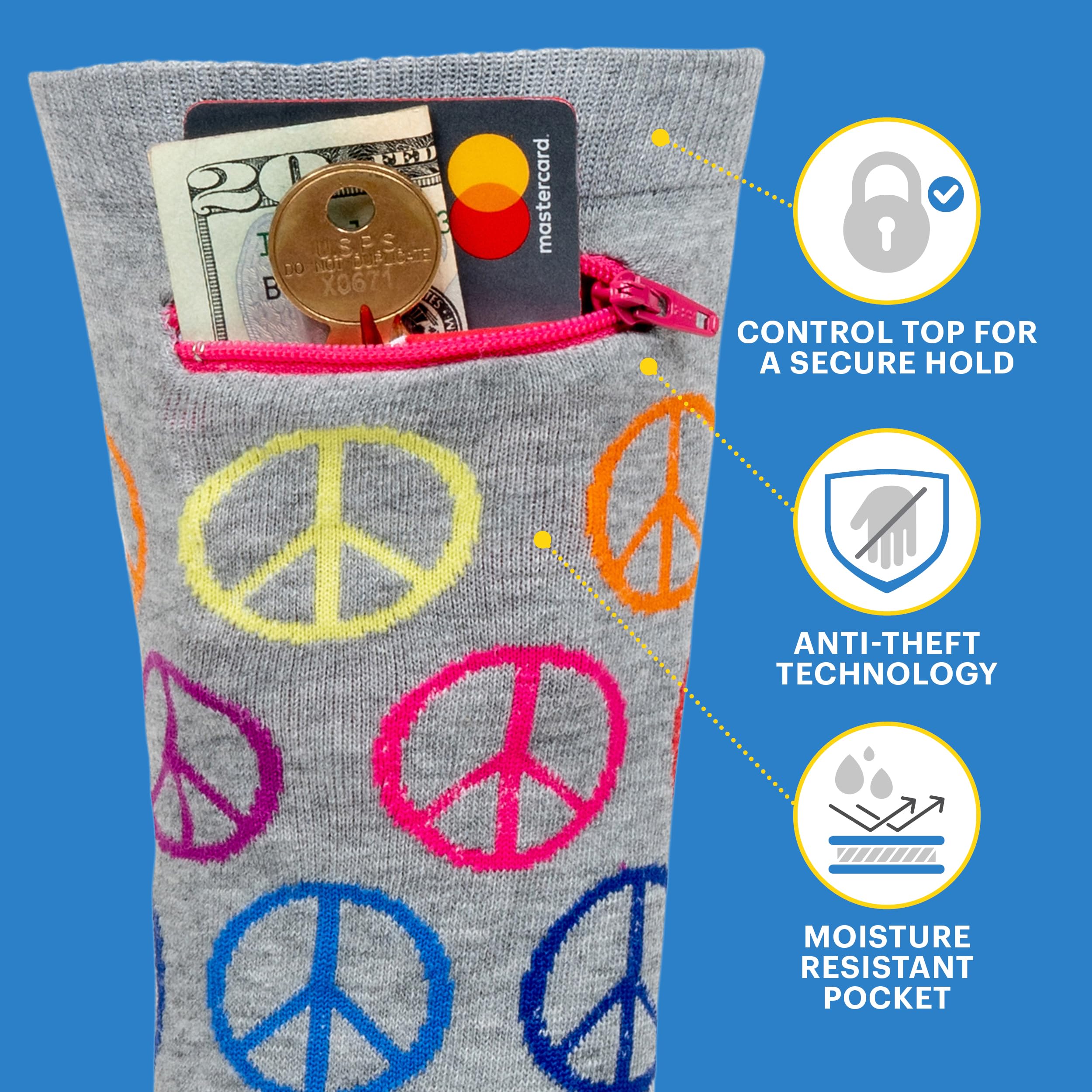 Pocket Socks Women Fashion Cotton Crew Socks, Hidden Zipper Security Pocket for Travel, ID, Ear Buds & More, One Size, Peace Sign