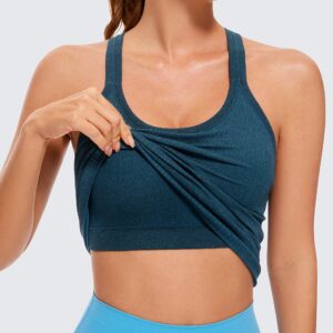 CRZ YOGA Womens Seamless Ribbed Racerback Tank Tops with Built in Bra - Padded Scoop Neck Slimming Athletic Long Camisole Petrol Blue Medium