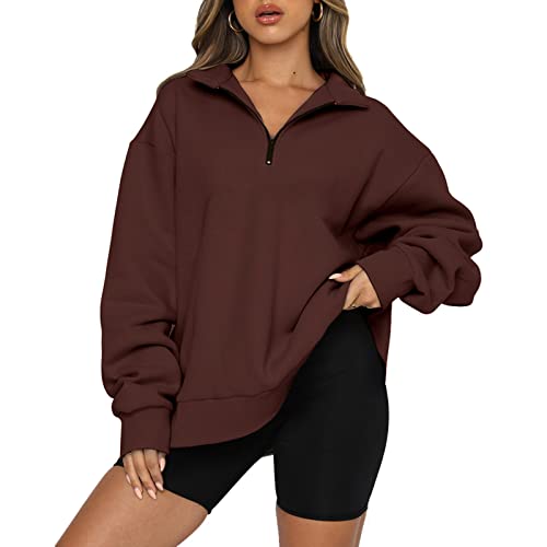 ANGGREK Women Half Zip Cropped Hoodies Fleece Quarter Zip Up Pullover Sweatshirts Winter Clothes 2022 Outfits Sweater Brown