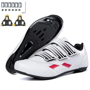 SDEQA Women Men Cycling Shoes Road Bike Riding Shoes Indoor Outdoor Compatible with Peloton Bike with Look Delta Cleats Pre-Installed Clip in Pedal,White,6