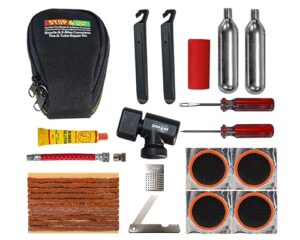 stop & go 100 27 piece bicycle repair & inflation kit for tubeless and tube-type tires works on bmx, xc, mountain, road, gravel, & e-bikes (4 patches & 10 rope plugs)