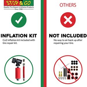 Stop & Go 100 27 Piece Bicycle Repair & Inflation Kit for Tubeless and Tube-Type Tires Works on BMX, XC, Mountain, Road, Gravel, & E-Bikes (4 Patches & 10 Rope Plugs)