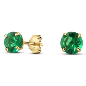 Solid 14K Yellow Gold Round Solitaire Simulated-Emerald-Birthstone Minimalist Stud Earring (5mm, 05-May)