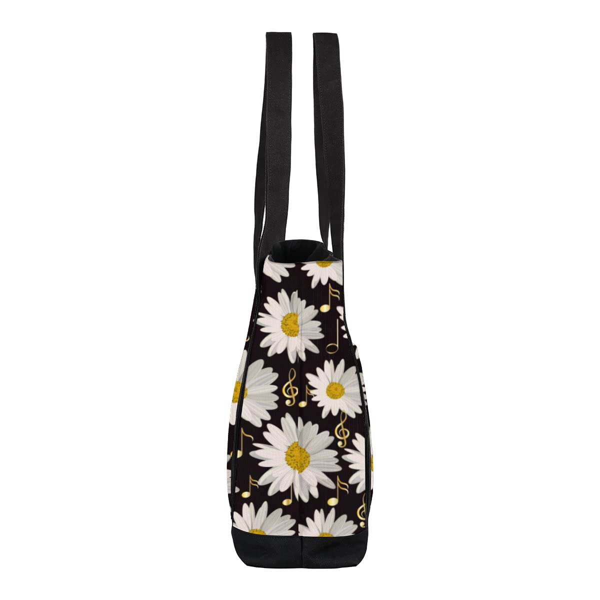 AUUXVA Flower Daisy Music Notes Pattern Canvas Tote Bags Zipper Closure Large Teacher Tote Women Handbag Tote Purse Shoulder Bag with Inner Pockets for Office, Travel