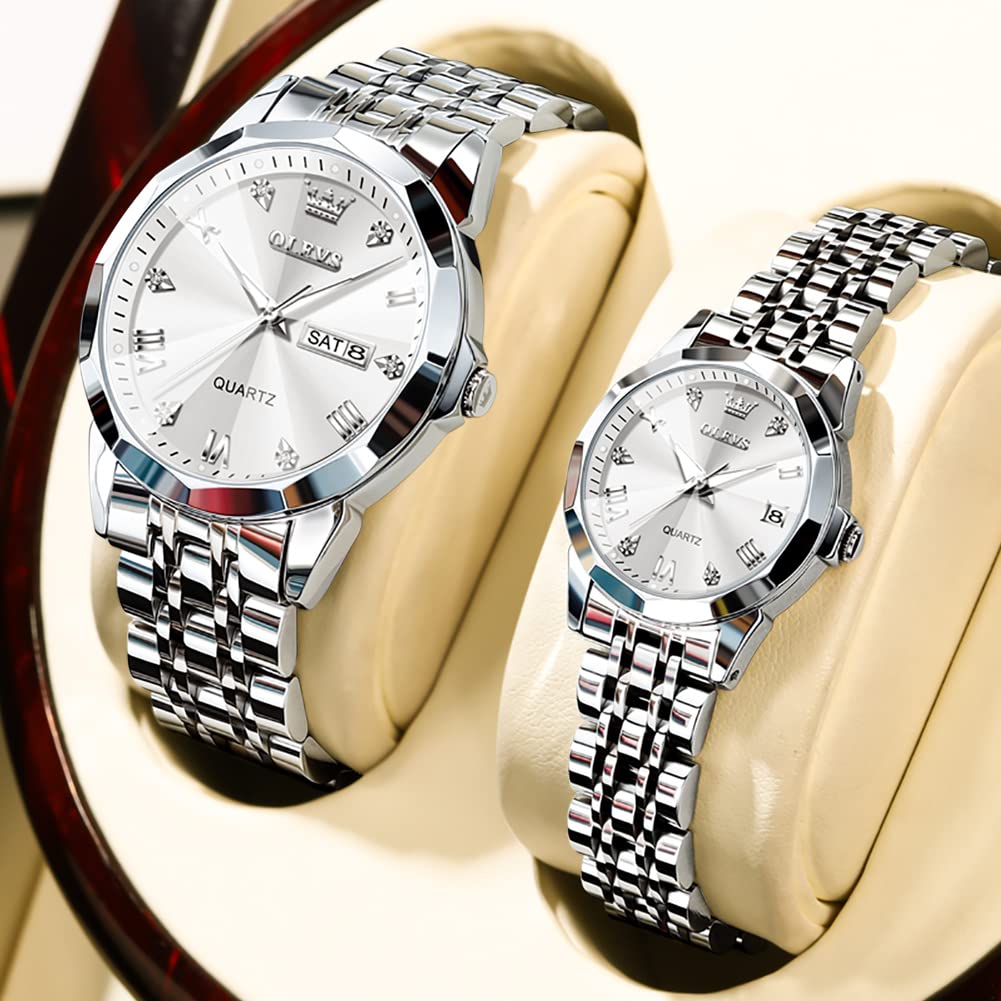 OLEVS Valentine's Day His and Her Couple Watches Fashion Dresse Matching Watches Quartz White Face White Stainless Steel Strap Luminous Waterproof Wrist Watch