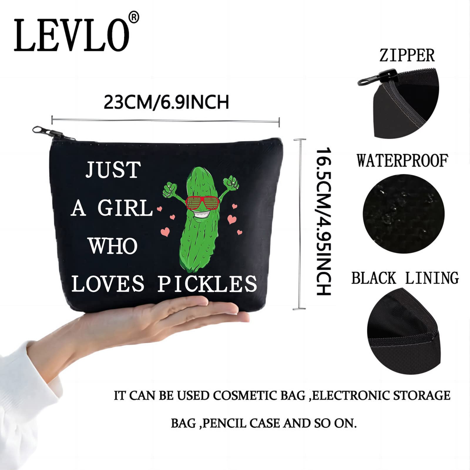 LEVLO Funny Pickle Cosmetic Bag Pickle Food Costume Party Gift Just A Girl Who Loves Pickles Makeup Zipper Pouch Bag Pickle Lover Gift(Loves Pickles Black)