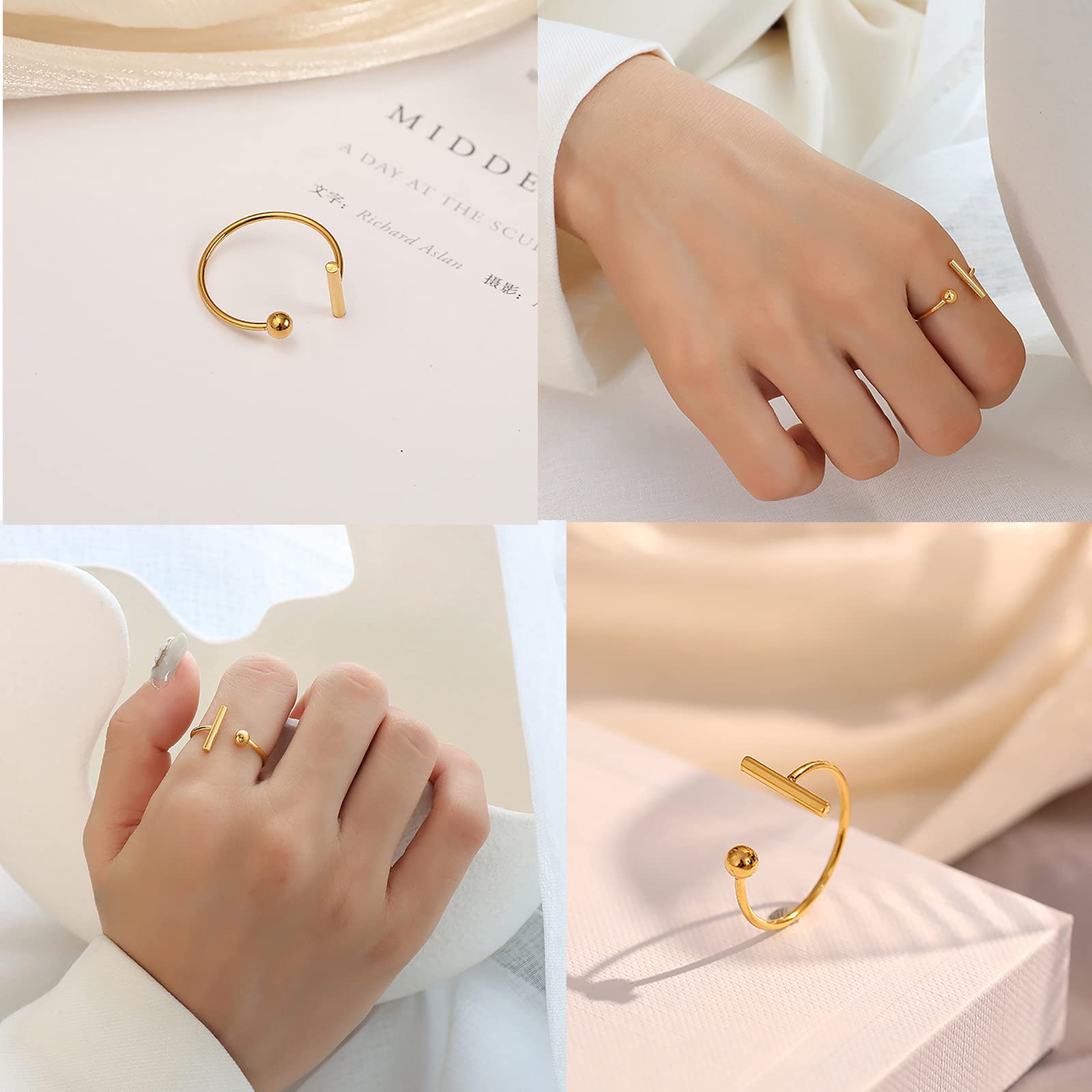 Chunky Dome Ring Stainless Steel Statement Rings for Women Teen Girls Irregular Geometric Rings Titanium Stackable Rings Adjustable Knuckle Midi Rings Set Open Finger Rings Aesthetic Jewelry (Gold)