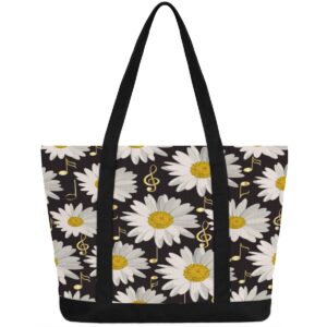 AUUXVA Flower Daisy Music Notes Pattern Canvas Tote Bags Zipper Closure Large Teacher Tote Women Handbag Tote Purse Shoulder Bag with Inner Pockets for Office, Travel