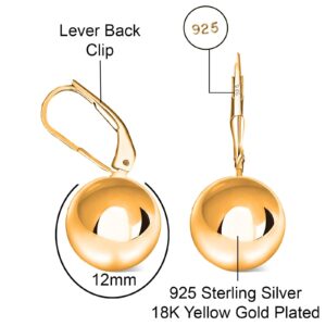 Savlano 925 Sterling Silver Classic Leverback Round Bead Ball Drop Earrings - 18K Gold Plated Bead Ball Earrings for Women Available in 6MM, 8MM, 10MM, 12MM - Made in Italy Comes With Savlano Gift Box (12mm, Y)