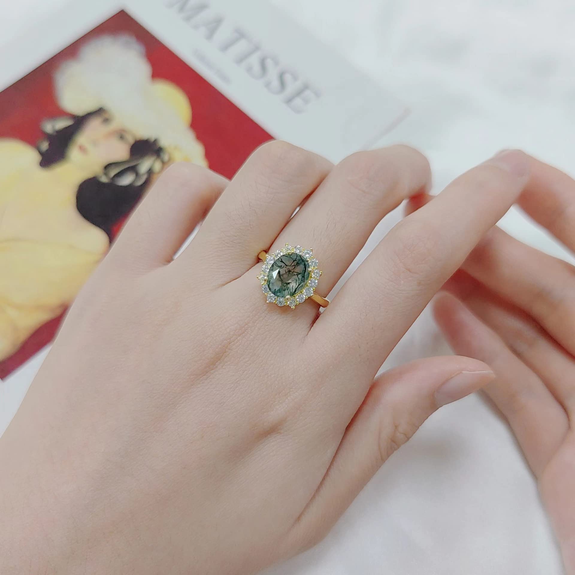 Moss Agate Ring Oval Cut Natural 925 Sterling Silver Ring Gemstone Genuine Vintage Ring Moss Agate Engagement Ring Jewelry Promise Wedding Statement Ring for Women Mom Love Birthday Gift 10x8 mm