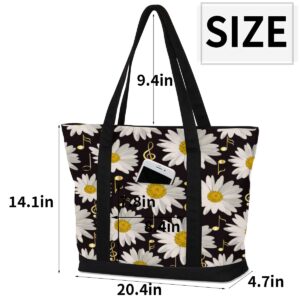 AUUXVA Flower Daisy Music Notes Pattern Canvas Tote Bags Zipper Closure Large Teacher Tote Women Handbag Tote Purse Shoulder Bag with Inner Pockets for Office, Travel