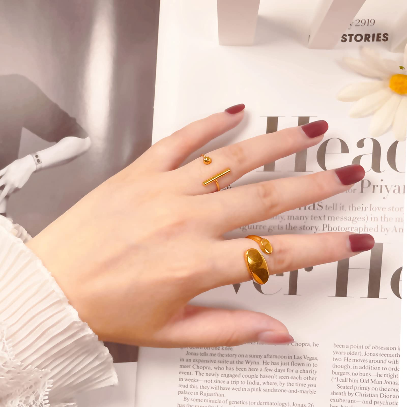 Chunky Dome Ring Stainless Steel Statement Rings for Women Teen Girls Irregular Geometric Rings Titanium Stackable Rings Adjustable Knuckle Midi Rings Set Open Finger Rings Aesthetic Jewelry (Gold)