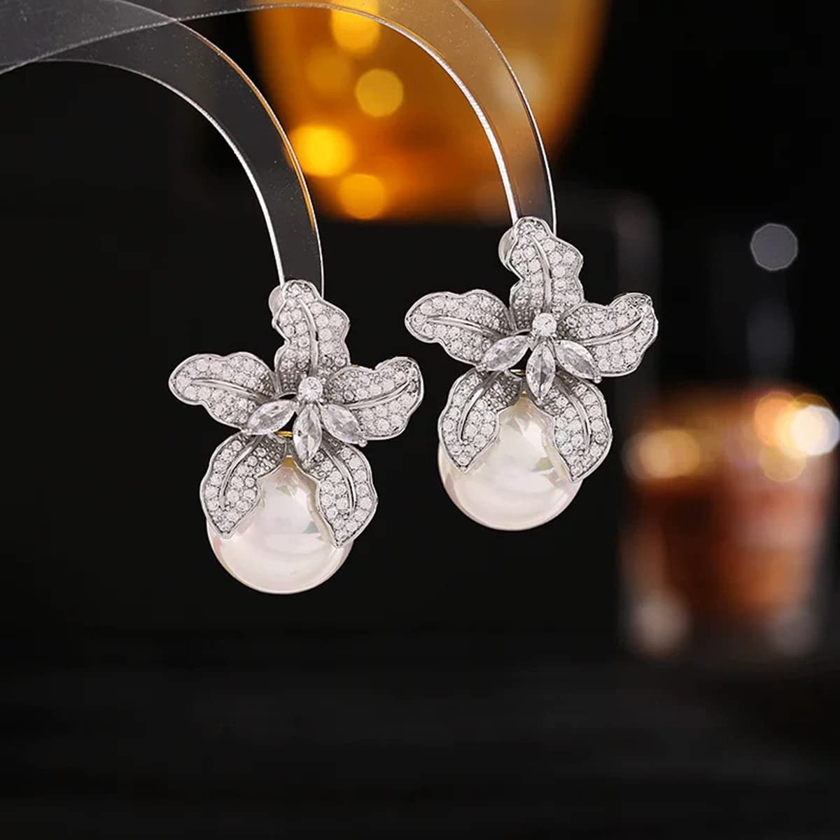 Blooming Flower Drop Cubic Zirconia Big Round Pearl Stud Earrings for Wedding Ceremony Chic Accessories (Silver)