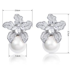 Blooming Flower Drop Cubic Zirconia Big Round Pearl Stud Earrings for Wedding Ceremony Chic Accessories (Silver)