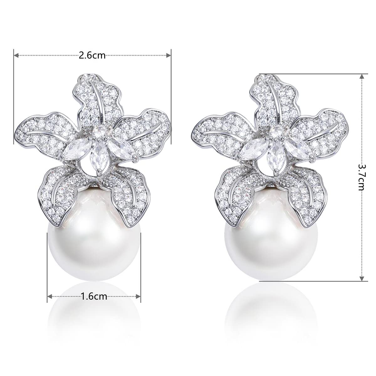 Blooming Flower Drop Cubic Zirconia Big Round Pearl Stud Earrings for Wedding Ceremony Chic Accessories (Silver)