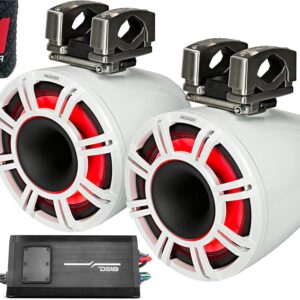 KICKER Speakers and Amp Package 11" Horn-Loaded Tower System (White) and DS18 800W 4-Channel Marine Amplifier