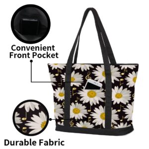 AUUXVA Flower Daisy Music Notes Pattern Canvas Tote Bags Zipper Closure Large Teacher Tote Women Handbag Tote Purse Shoulder Bag with Inner Pockets for Office, Travel