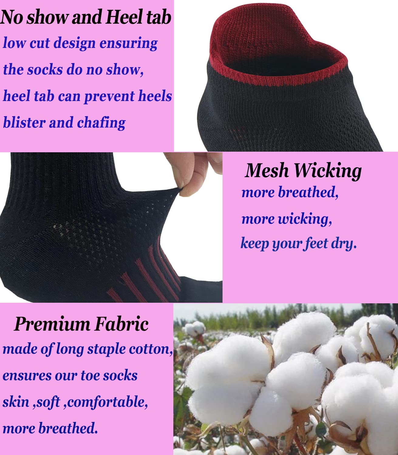 Women Toe Socks Low Cut No Show Wicking 5 Finger Split Cotton Athletic 6 Pack