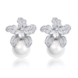 blooming flower drop cubic zirconia big round pearl stud earrings for wedding ceremony chic accessories (silver)