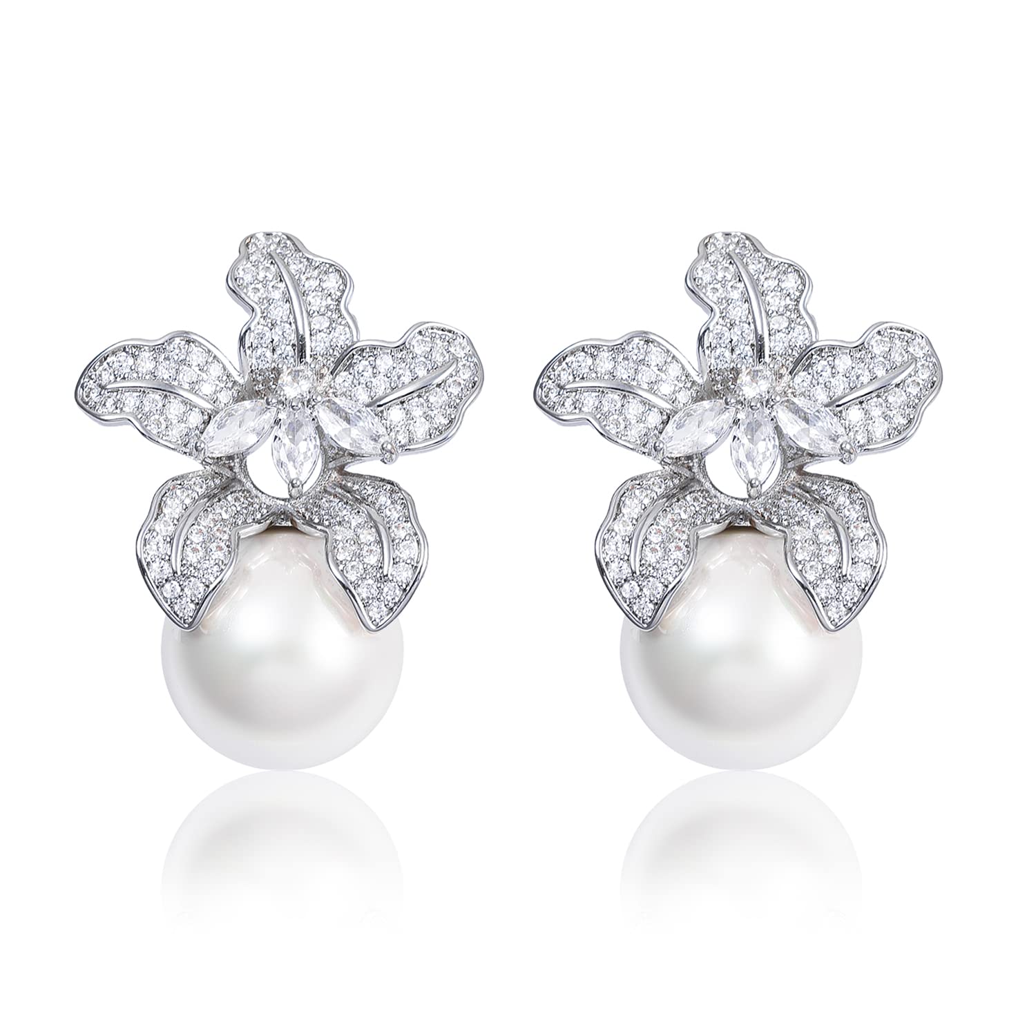 Blooming Flower Drop Cubic Zirconia Big Round Pearl Stud Earrings for Wedding Ceremony Chic Accessories (Silver)