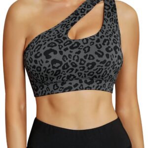 Sykooria Womens One Shoulder Sports Bras Workout Yoga Bra Sexy Cute Medium Support Leopard Print Black S-XXL