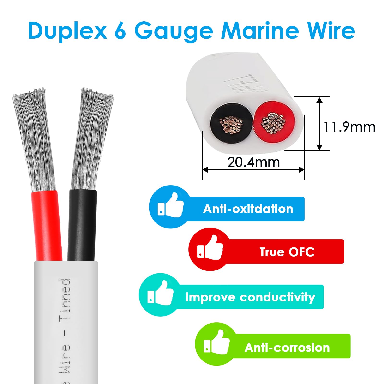 Kimbluth 6 Gauge Duplex Marine Wire Tinned Copper Boat Cable, 10ft 6 AWG Standard USA OFC Oxygen Free Copper Wire for Automotive Boat Speakers Solar Outdoors