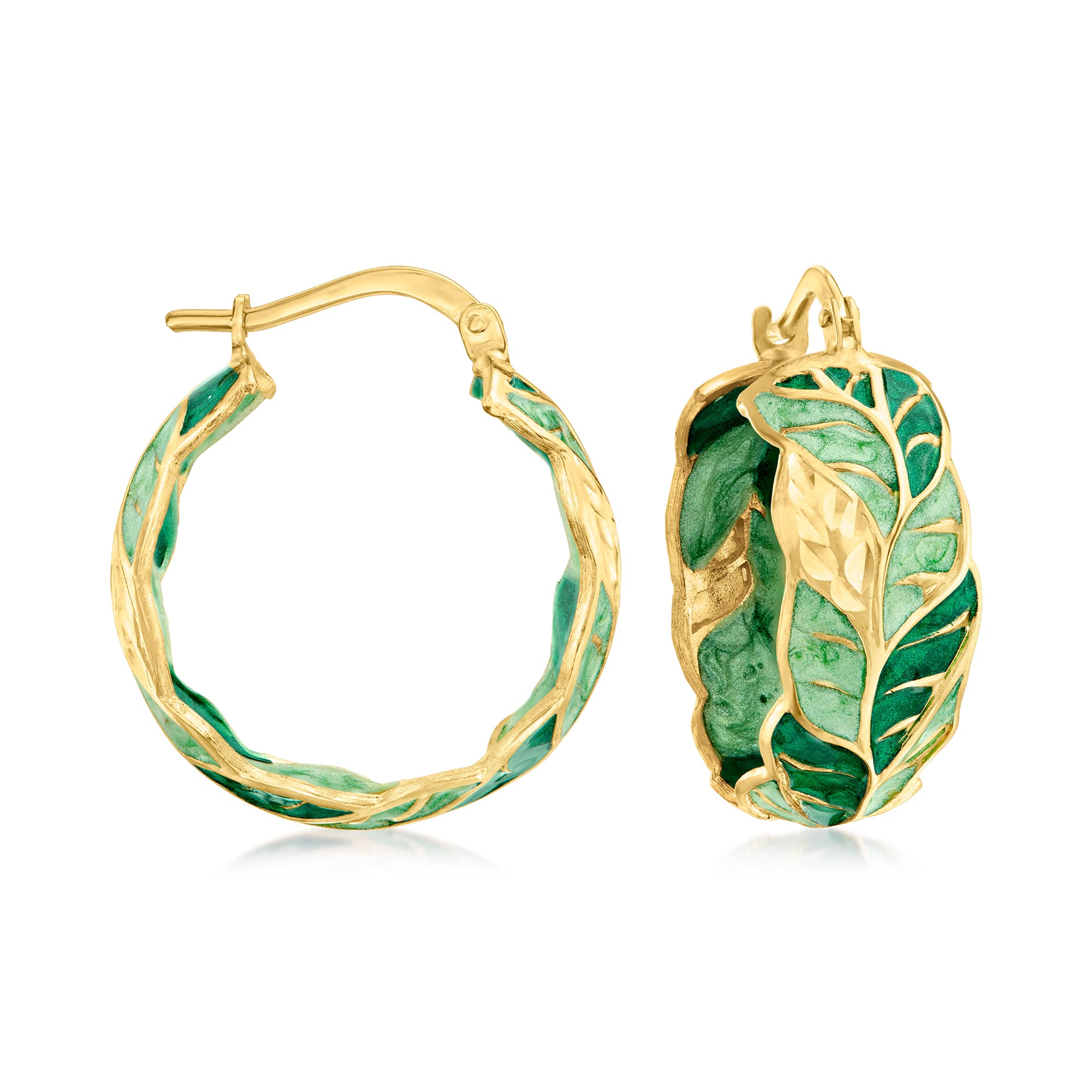 Ross-Simons Italian Green Enamel Leaf Vine Hoop Earrings in 14kt Yellow Gold