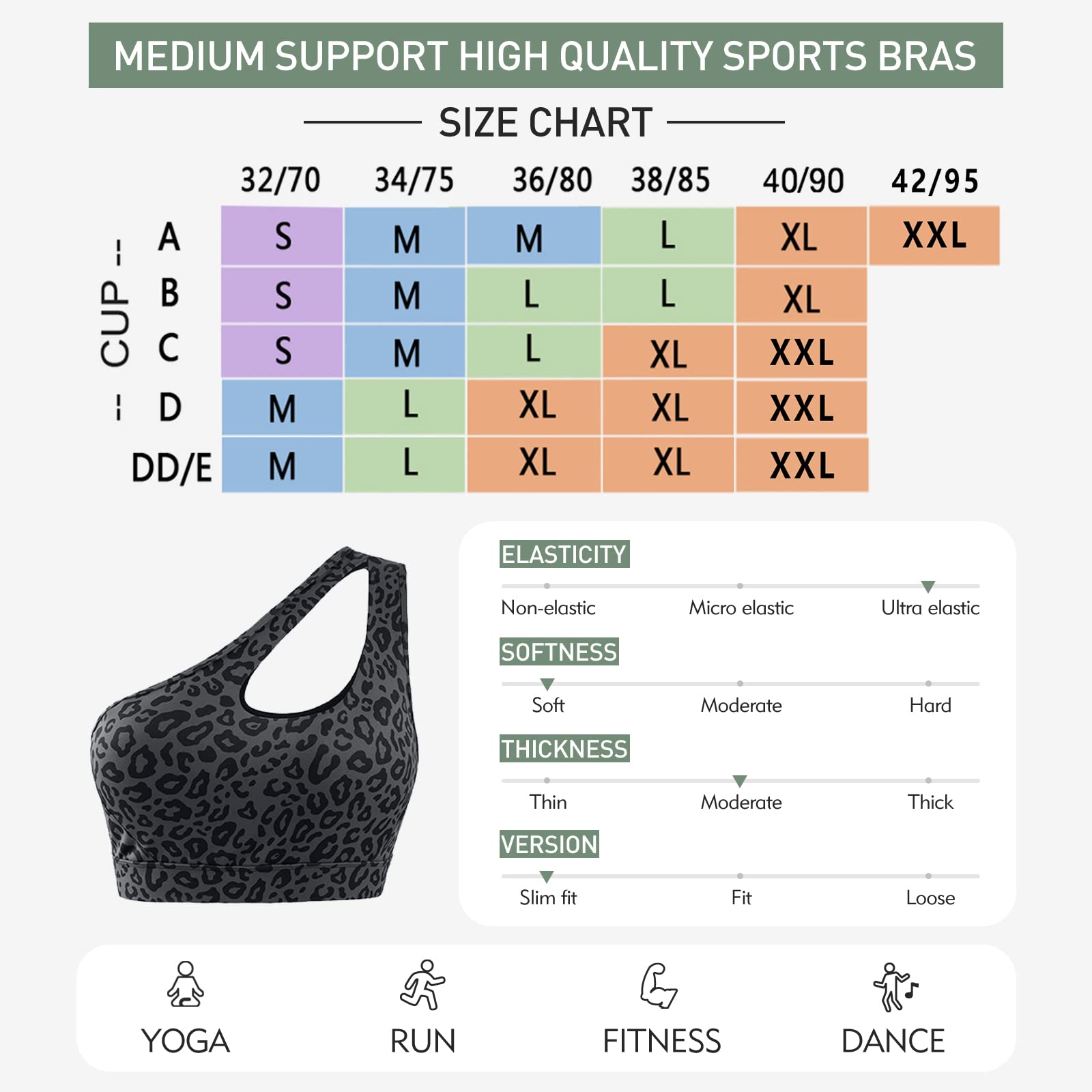 Sykooria Womens One Shoulder Sports Bras Workout Yoga Bra Sexy Cute Medium Support Leopard Print Black S-XXL