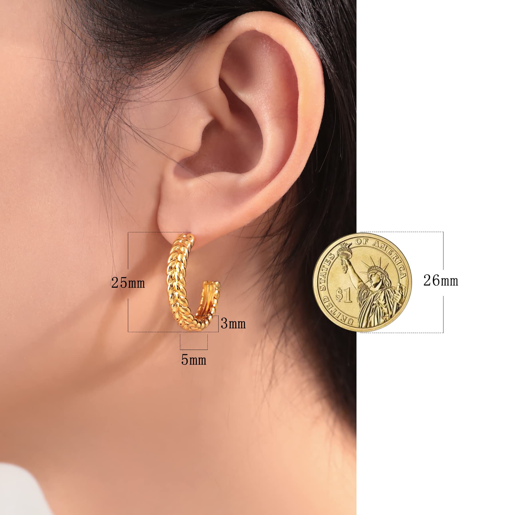 UnicoRing Chunky Gold Hoop Earrings for Women 14K Real Gold Plated Lightweight Twist Small Hoops Hypoallergenic Cute Jewelry(25mm)