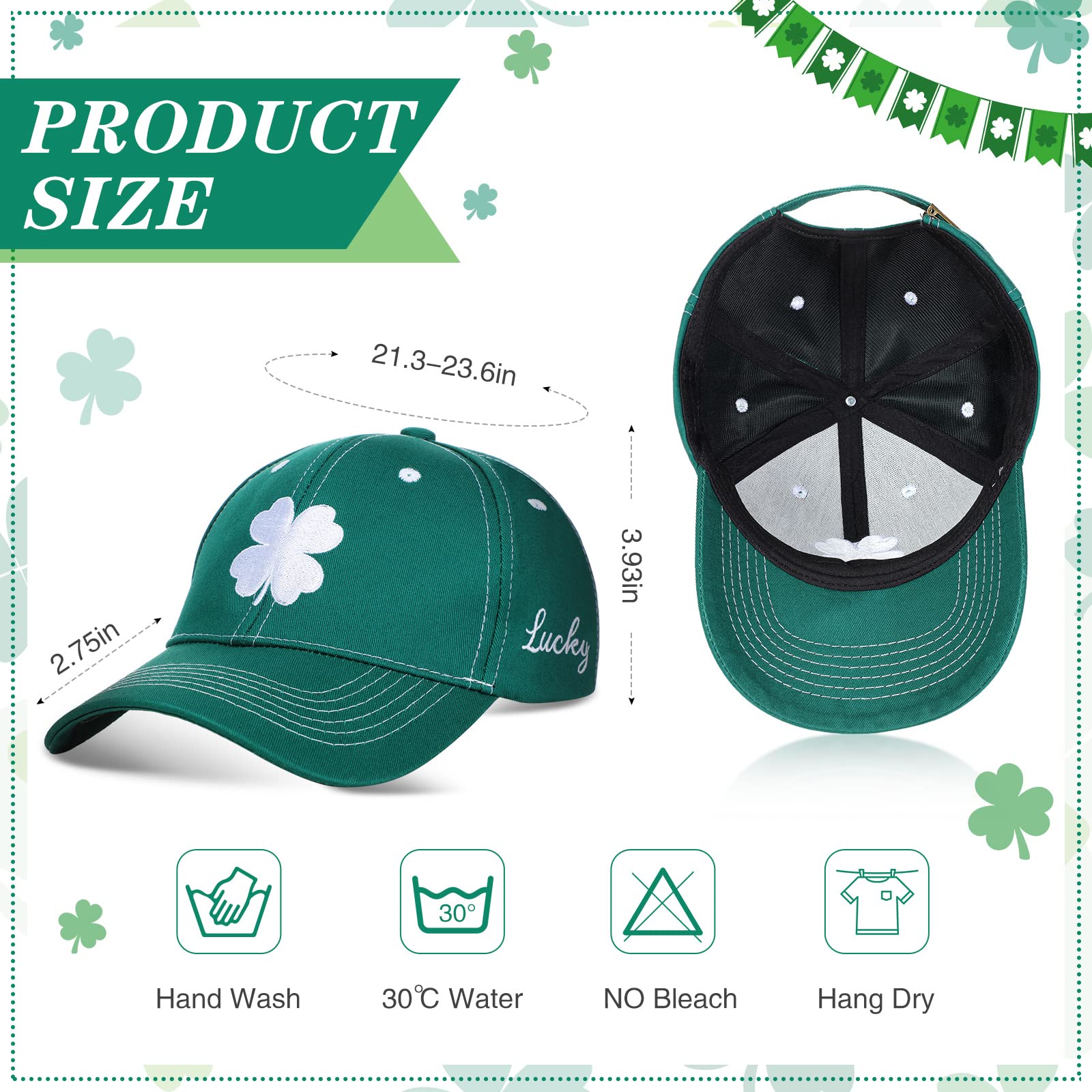 4 Pcs St. Patrick's Day Baseball Hat Shamrock Baseball Cap Irish Hat Clover Embroidered Hat Irish Gifts for Men Women (Green)