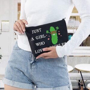 LEVLO Funny Pickle Cosmetic Bag Pickle Food Costume Party Gift Just A Girl Who Loves Pickles Makeup Zipper Pouch Bag Pickle Lover Gift(Loves Pickles Black)