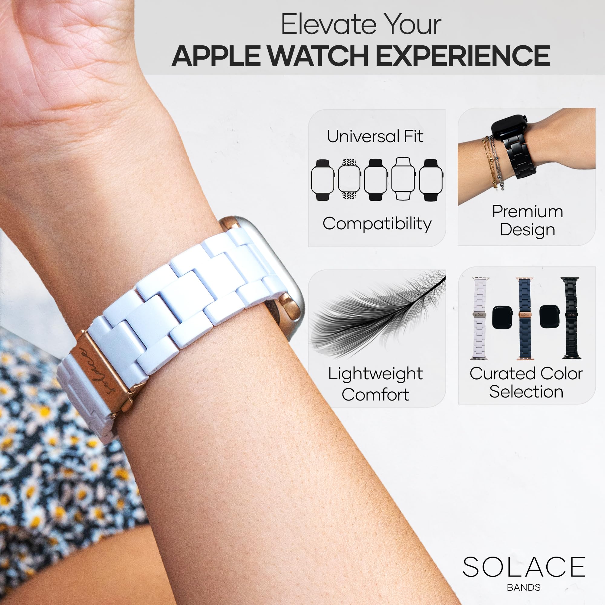 Solace Bands Lightweight Perma Watch Band - Compatible with Apple Watch Bands for Women and Men, iWatch Bands for 38mm 40mm 41mm 42mm 44mm 45mm 49mm Ultra, SE and Series 8 7 6 5 4 3 2 1 (Matte Solid)