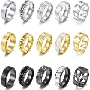 LOAYHOAY 15PCS Stainless Steel Band Rings for Men Women Fidget Rings for Anxiety Engagement Wedding Promise Rings Set Size9