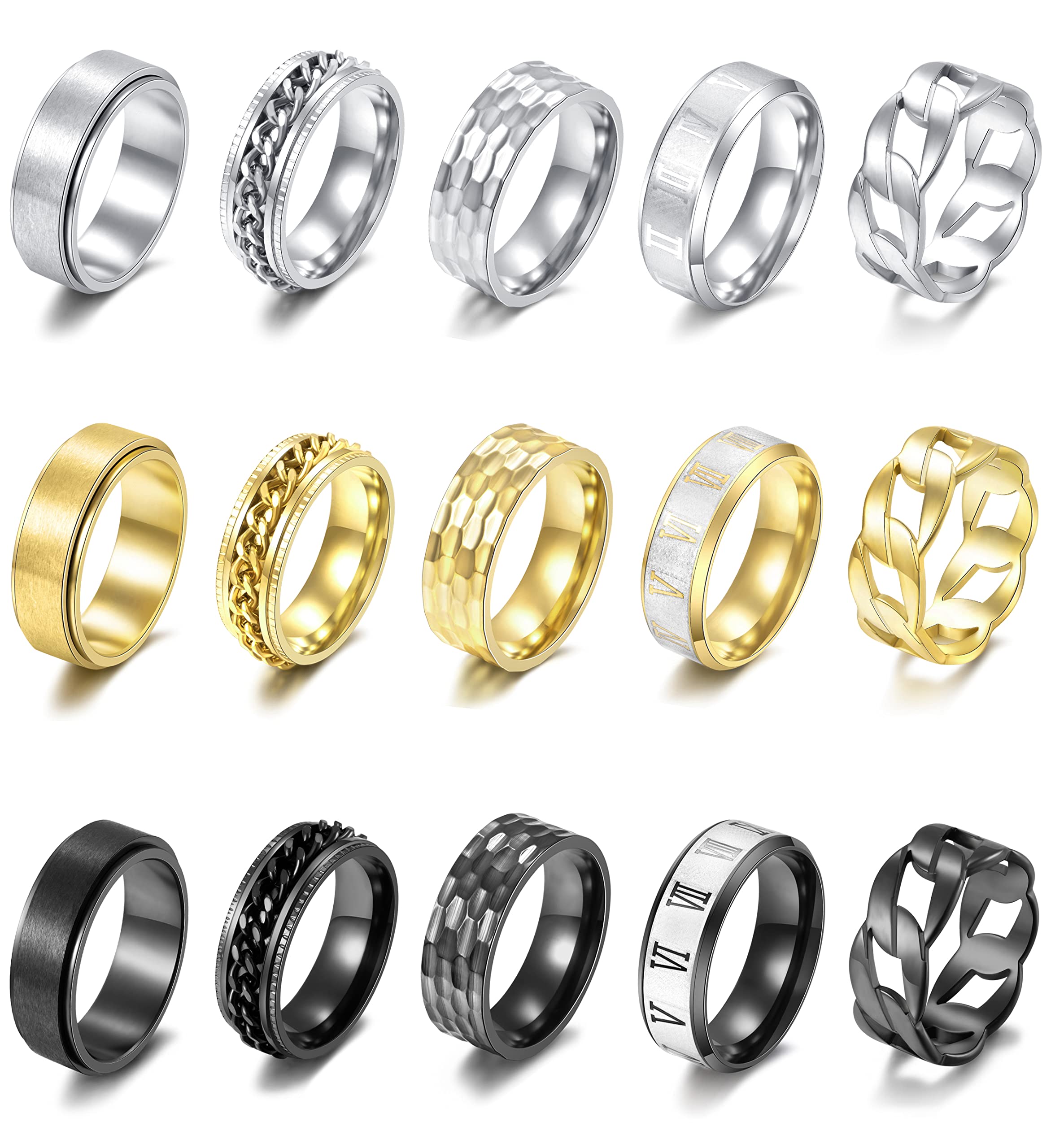 LOAYHOAY 15PCS Stainless Steel Band Rings for Men Women Fidget Rings for Anxiety Engagement Wedding Promise Rings Set Size9