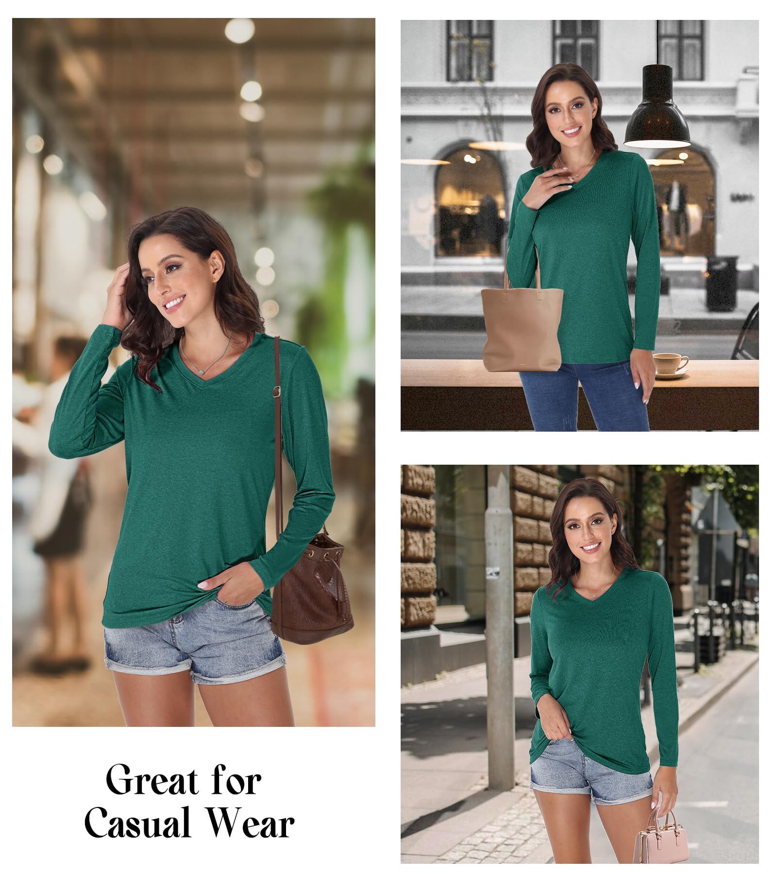 Workout Tops for Women Athletic Shirts & Tees Long Sleeve V Neck T Shirts Quick Dry Performance Shirt for Women Emerald Green