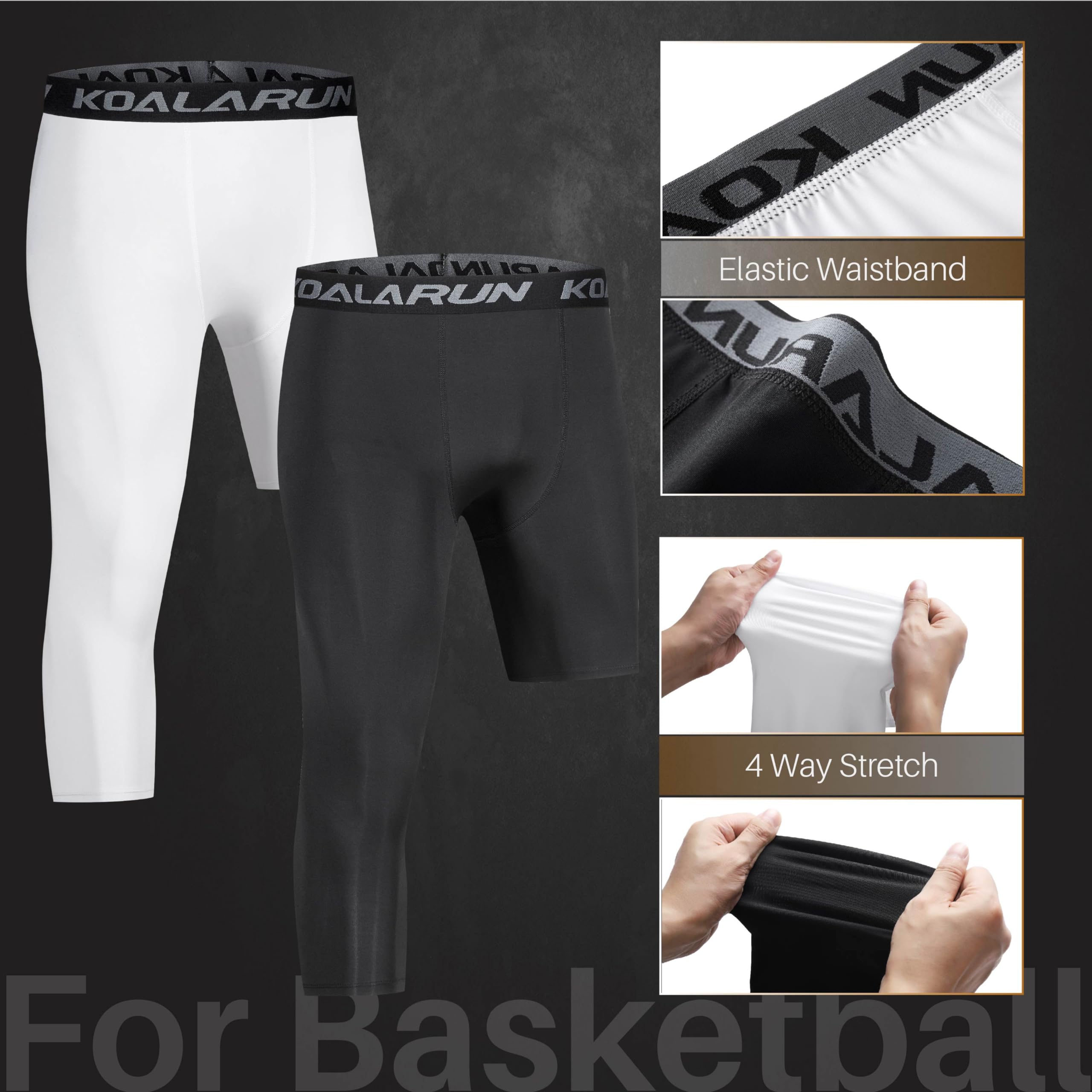 Koalarun One Leg Compression Tights for Basketball Men's 3/4 Capri Sports Leggings Athletic Training Pants Base Layers