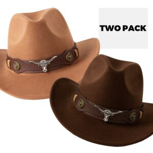 Zokunari Womens 2 Pack Western Style Cowboy Hats with Wide Belt Buckle Khaki+Coffee