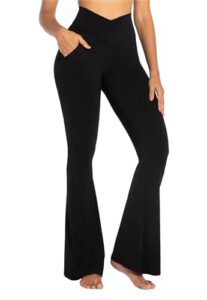 sunzel flare leggings for women with pockets, crossover yoga pants with tummy control, high waisted and wide leg 30" inseam black medium