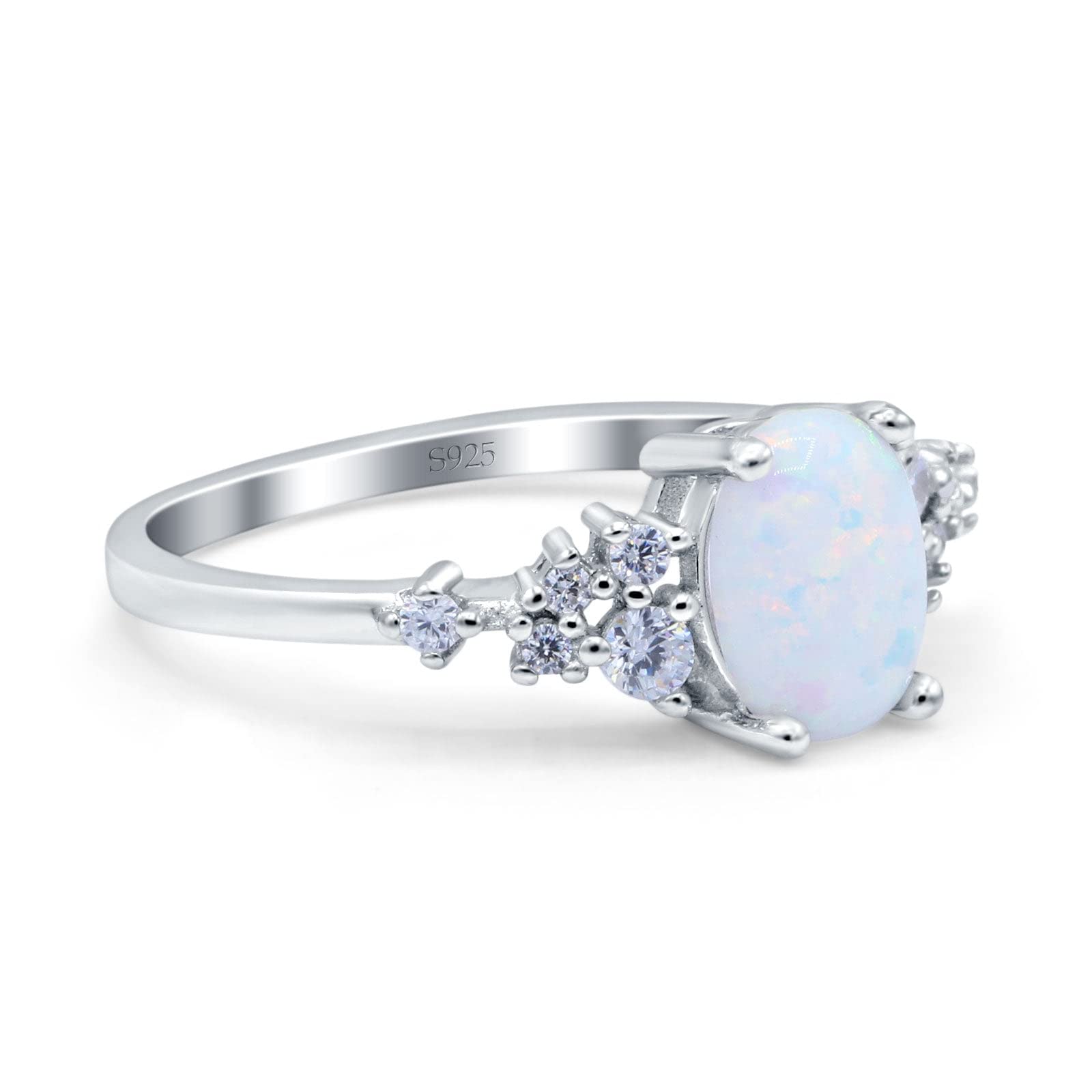 OMRANII Lab Created White Opal Size-6 Oval Art Deco Bridal Wedding Engagement Ring Round CZ 925 Sterling Silver