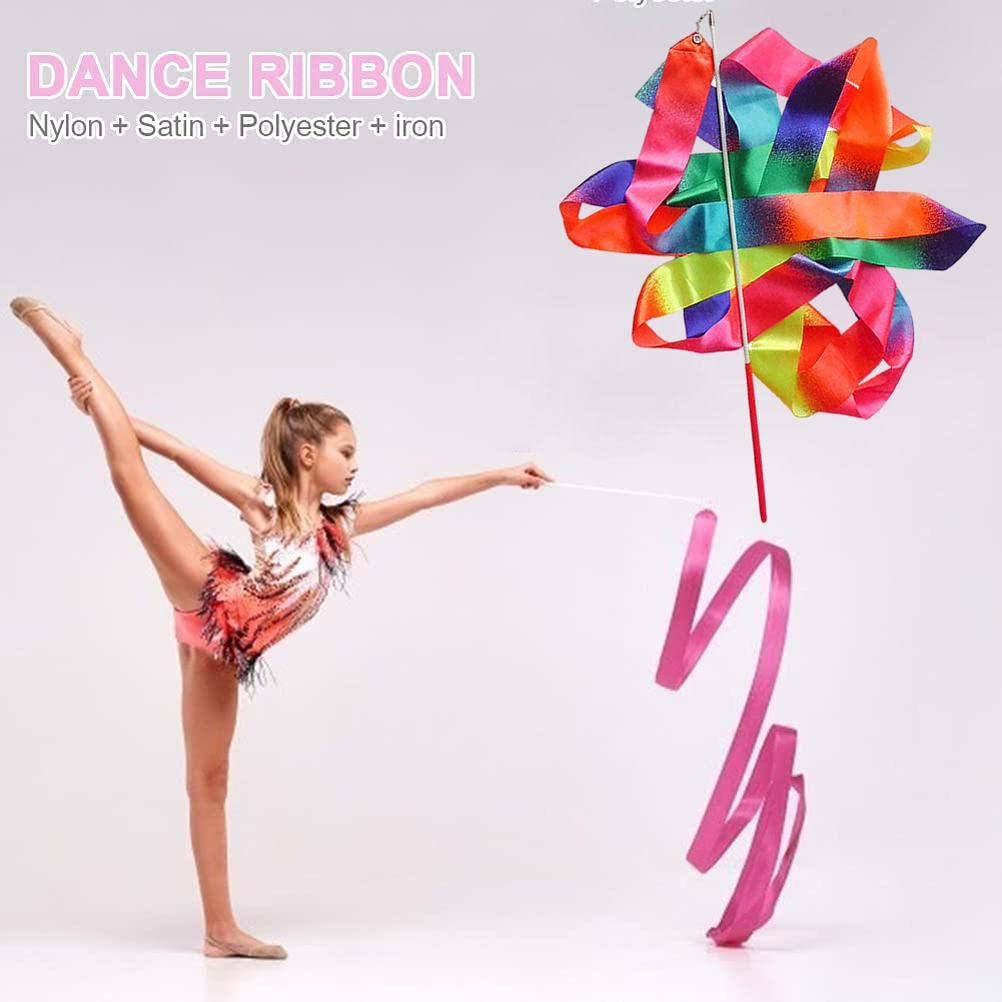 4m Dance Ribbons Rainbow Streamers Rhythmic Gymnastics Ribbon Baton Twirling Wands on Sticks for Kids Artistic Dancing(#1)