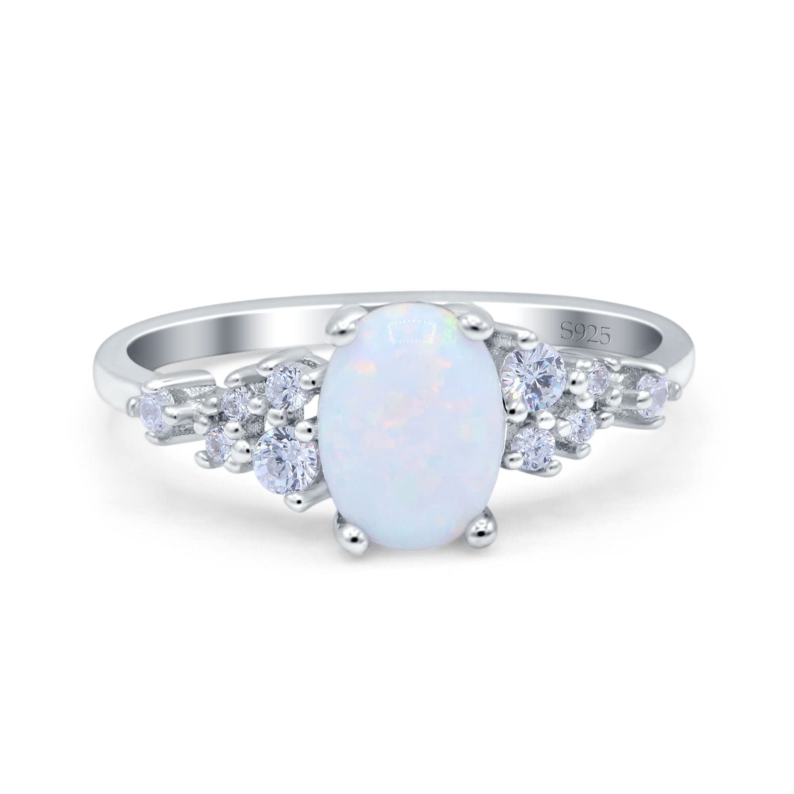 OMRANII Lab Created White Opal Size-6 Oval Art Deco Bridal Wedding Engagement Ring Round CZ 925 Sterling Silver