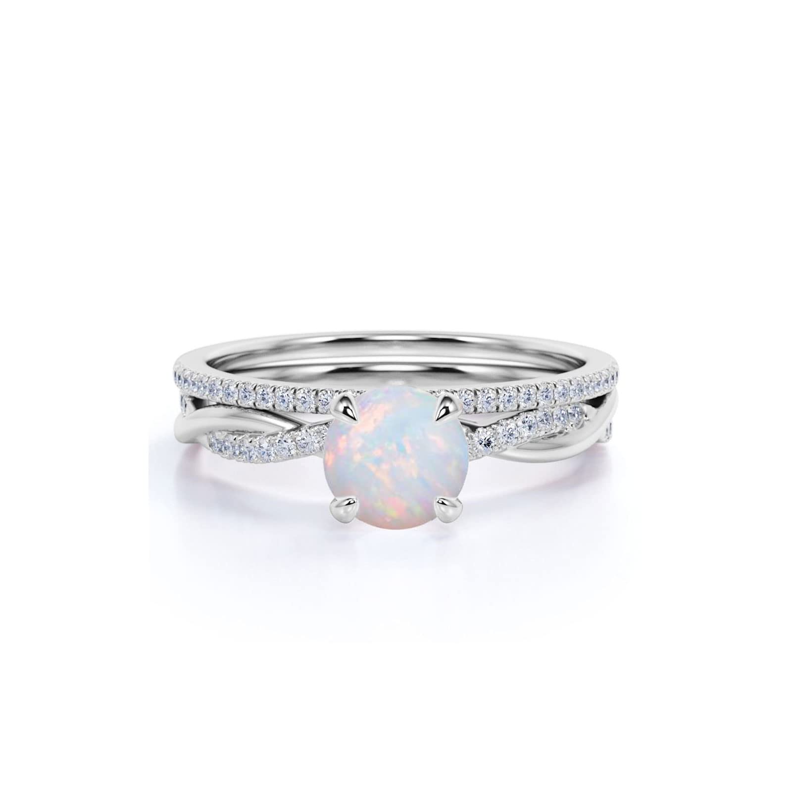 CTIEIP 10K 14K 18K Gold Opal and Diamond Engagement Ring Set for Women Round Simulated Opal and Real Diamond Rings for Her (G-H Color, I2-I3 Clarity)